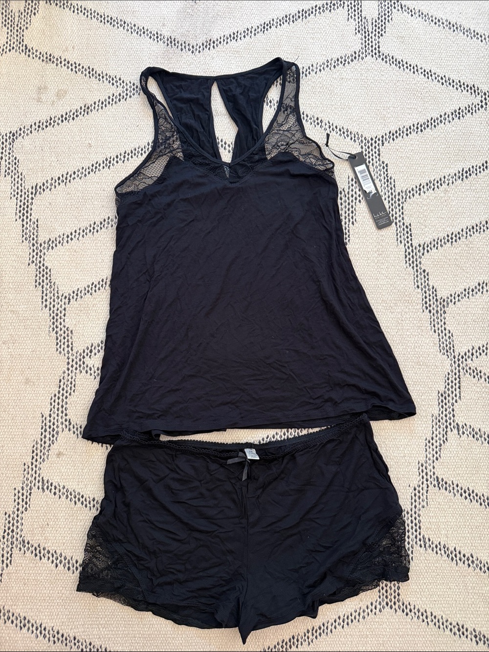 NWT: Nicole Miller Women’s Black Lace-Trim Sleep Tank and Shorts Set Size M